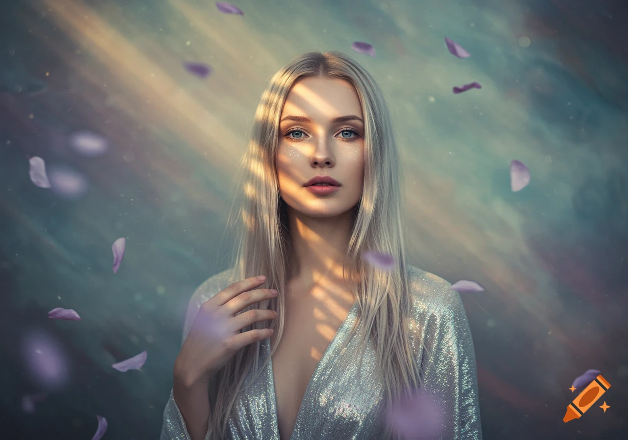 A blonde woman with glitter on her face and a sparkly silver top gazes forward amidst falling purple petals and light rays.