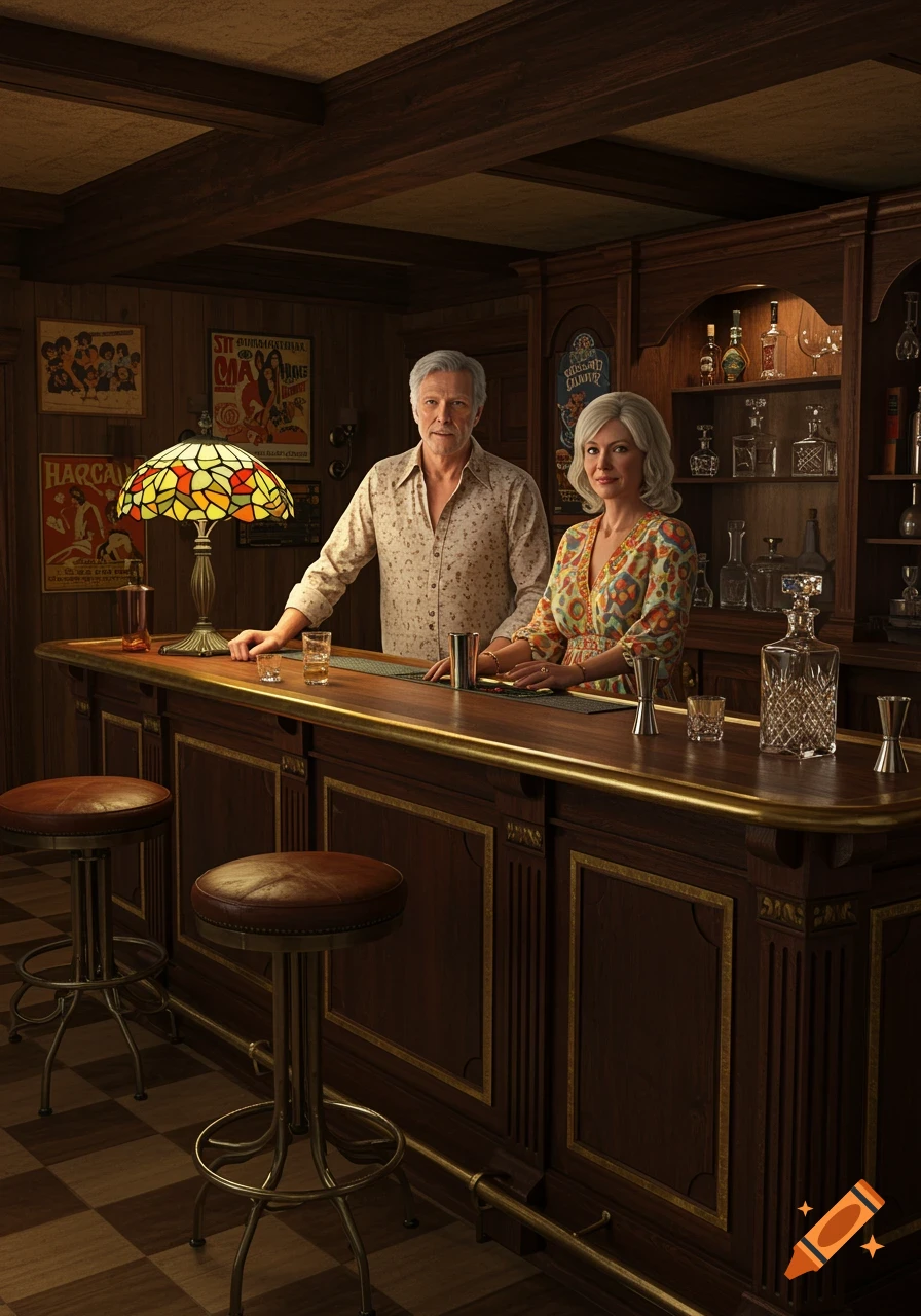 A middle-aged man and woman stand behind a wooden bar in a dimly lit basement, with classic bar stools and posters on the wall.