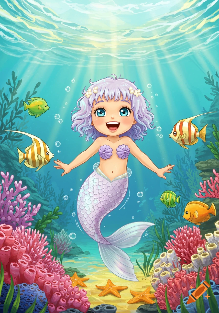 A cartoonish mermaid with purple hair and a lavender tail smiles broadly in a vibrant underwater scene, surrounded by colorful coral, starfish, and tropical fish.
