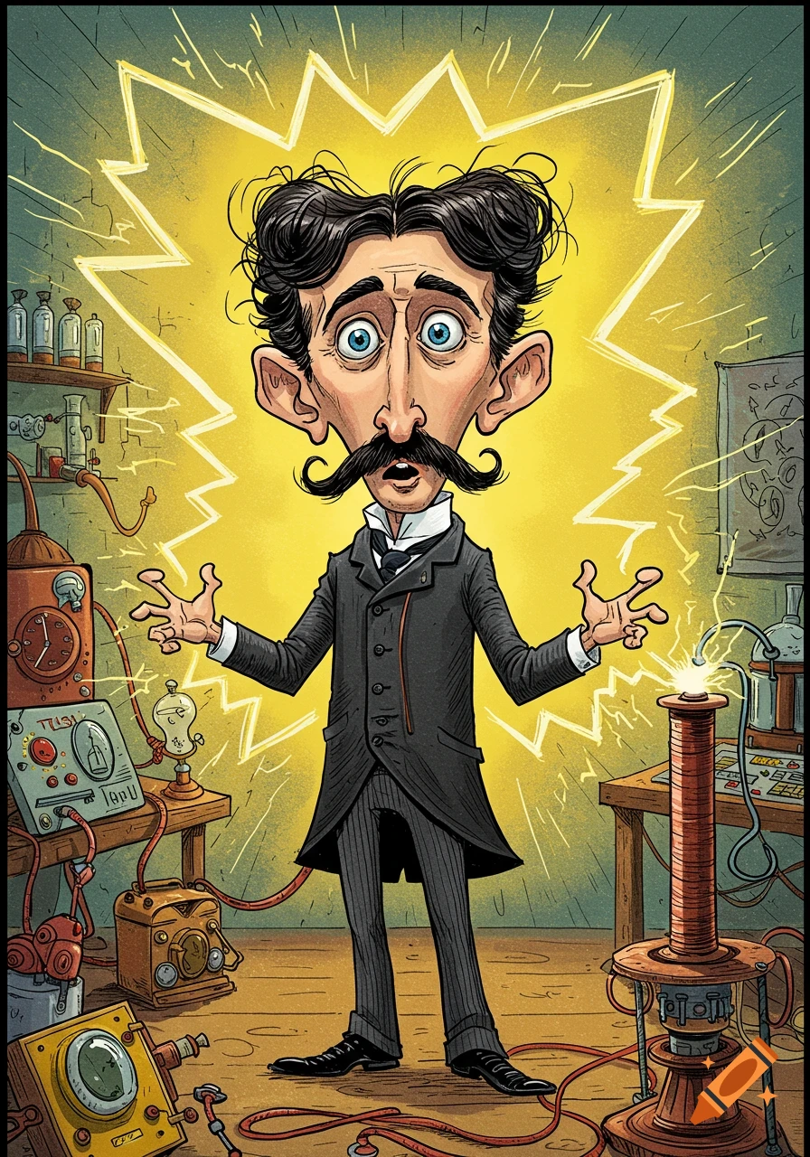 Cartoon caricature of Nikola Tesla surrounded by electrical energy in a cluttered lab.