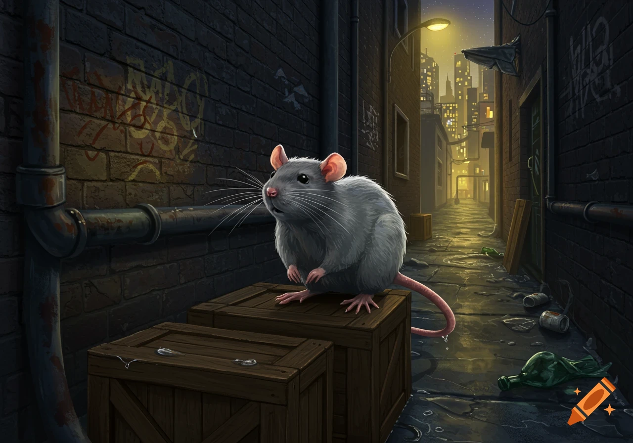 A gray rat stands on wooden crates in a dark, wet alleyway with a distant city skyline under a street lamp.