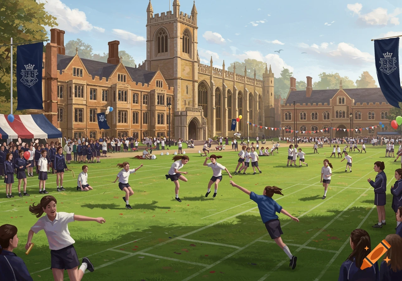 A bustling sports day event on a green lawn in front of historic college buildings, with students participating in various activities and onlookers.