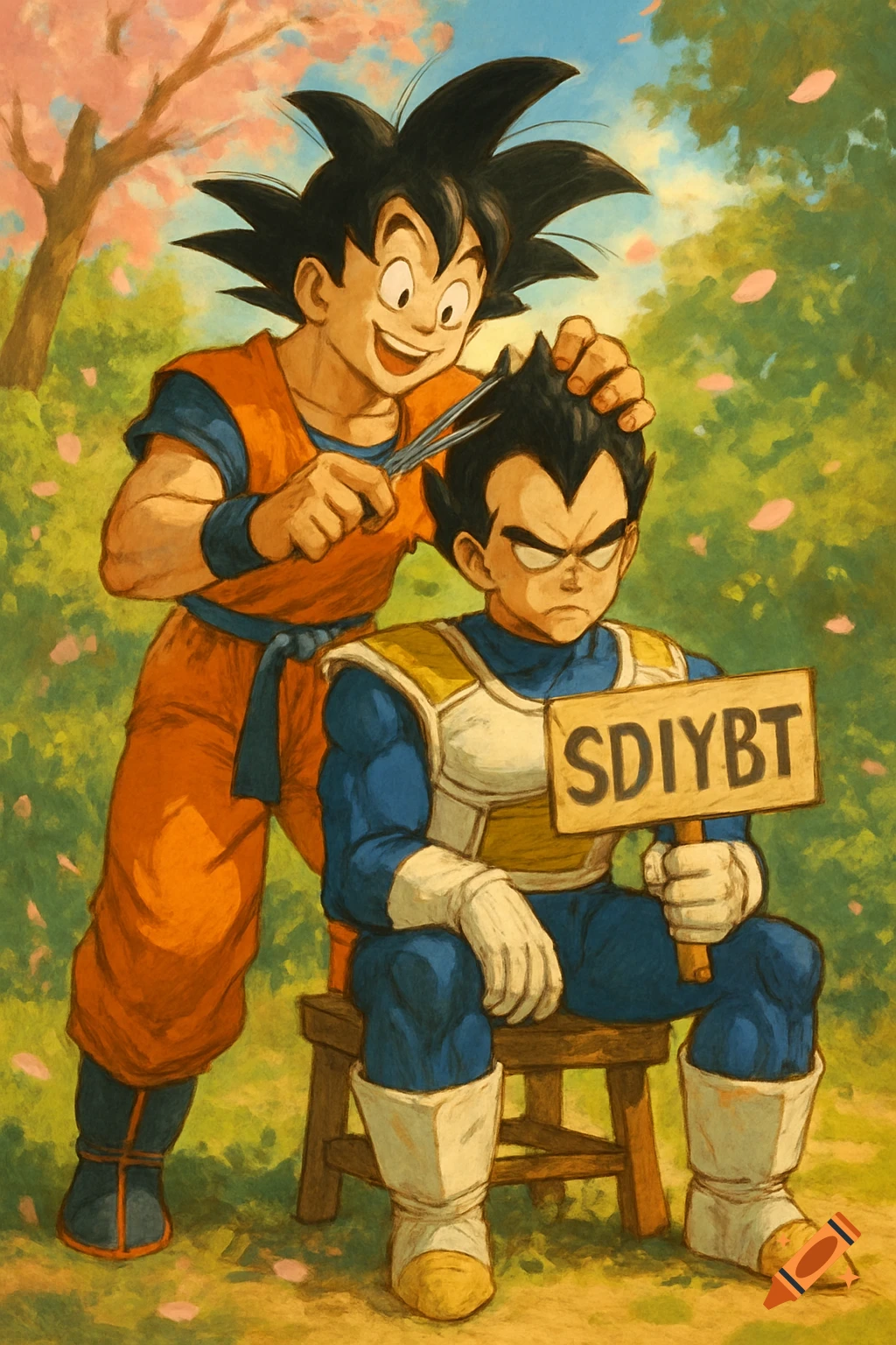Anime characters Goku cutting Vegeta's hair outdoors, Vegeta holds a sign 'SDIYBT' under falling cherry blossoms in a painterly style.