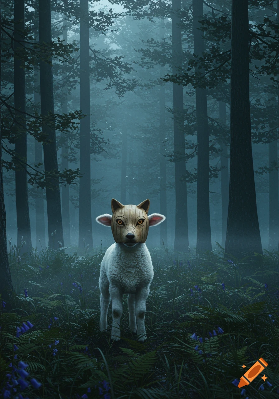 A white lamb wearing a carved wooden wolf mask stands in a dark, misty forest with blue flowers.
