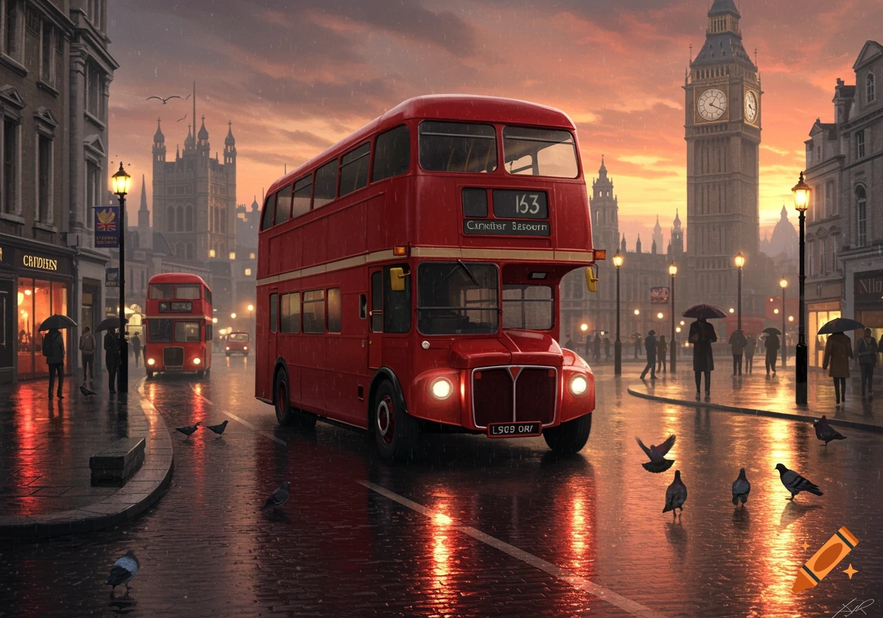 A vibrant red double-decker bus drives on a wet street in London during a rainy sunset, with Big Ben visible in the background. The street lights reflect on the wet road.