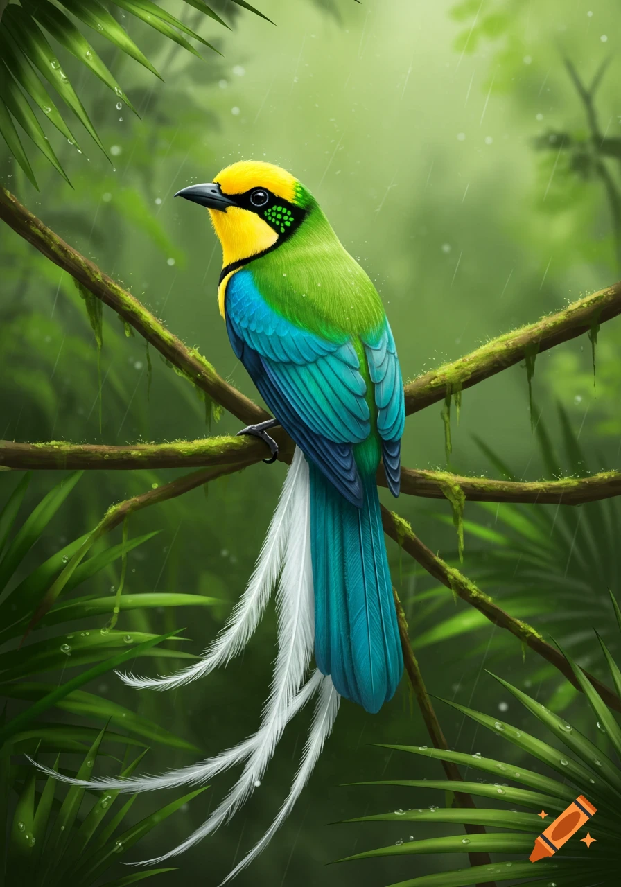 A vibrantly colored bird with a yellow head, green and blue plumage, and long white tail feathers perches on a mossy branch in a rainy jungle.