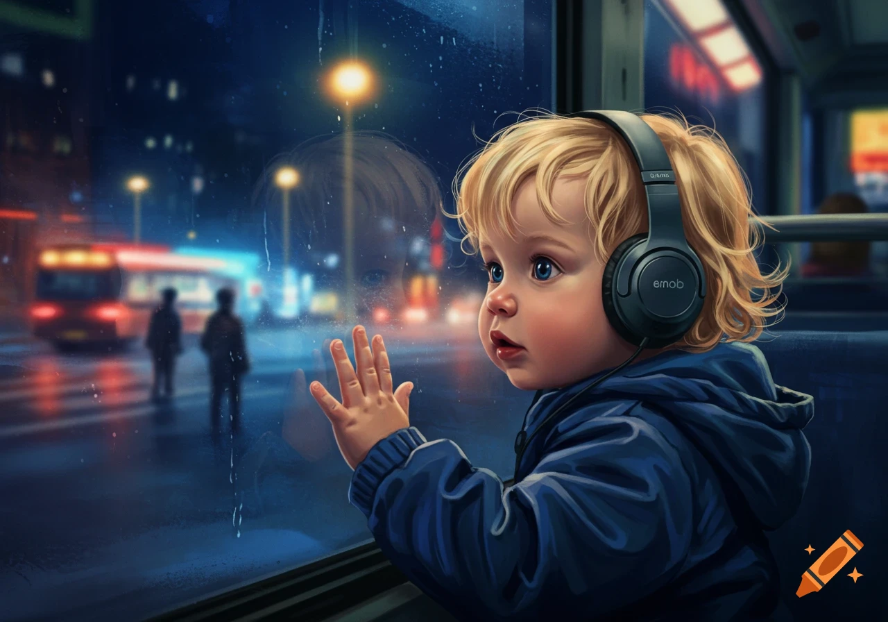 Digital art of a blonde toddler boy in headphones looking out a bus window at a rainy city night.