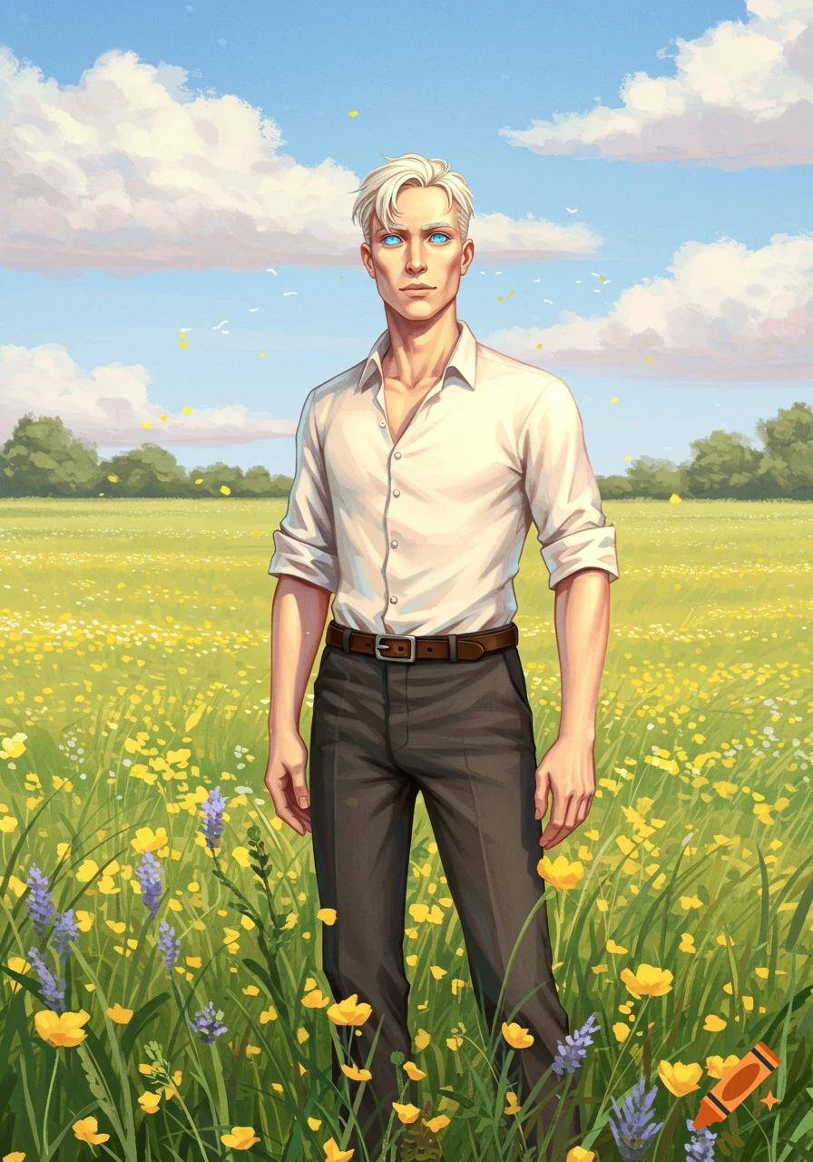 A man with white hair and bright blue eyes stands in a vibrant field of yellow and purple wildflowers under a blue sky.