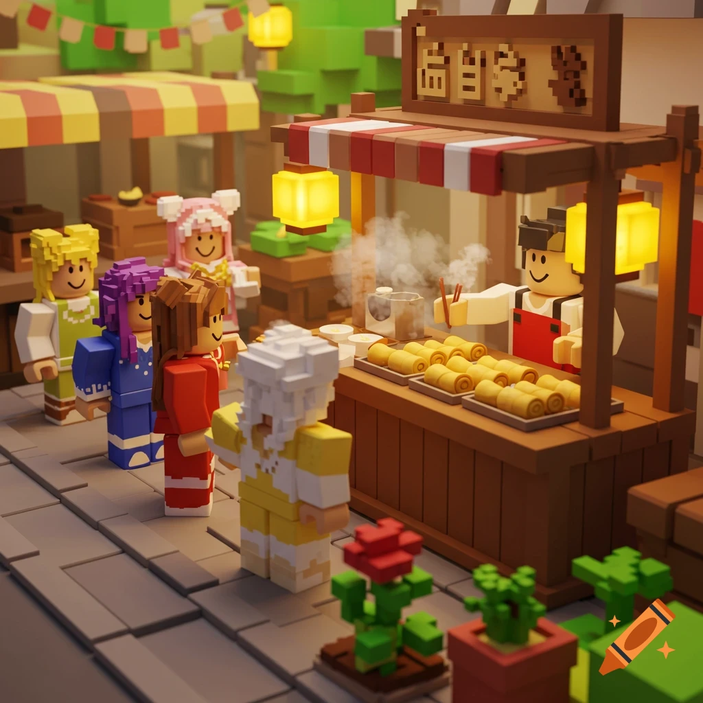 Roblox-style voxel art market scene with customers buying eggrolls from a food stall.