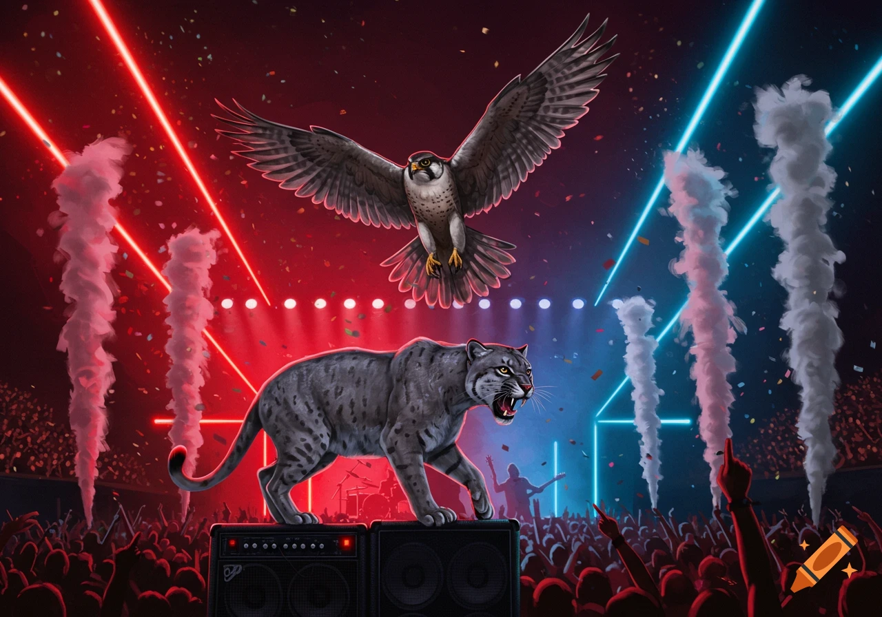 A snow leopard on a concert speaker and a falcon flying above a crowd under red and blue lasers and confetti.