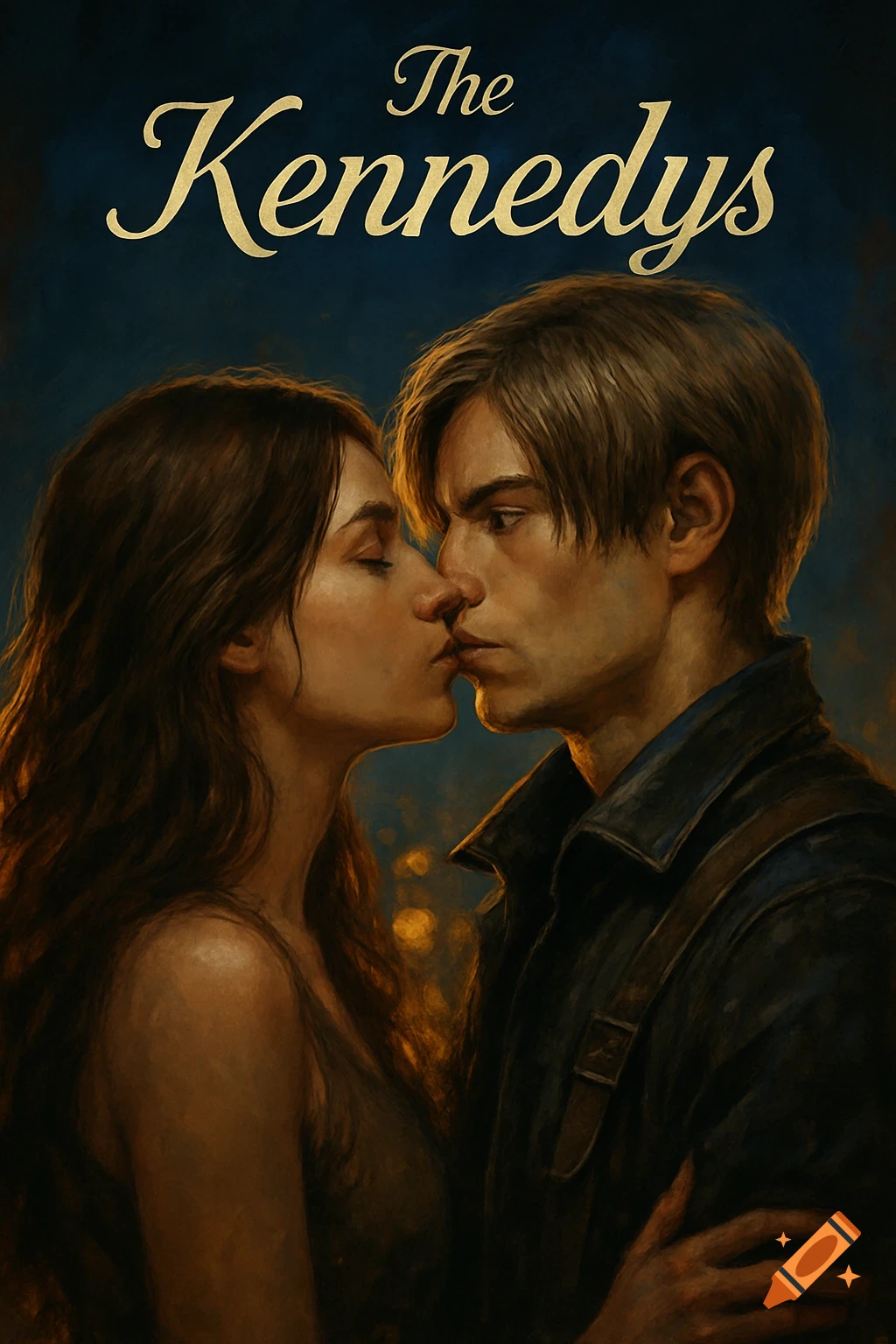 A stylized portrait of a man and a woman in a romantic pose, appearing to be on the verge of a kiss, with the title "The Kennedys" above them.