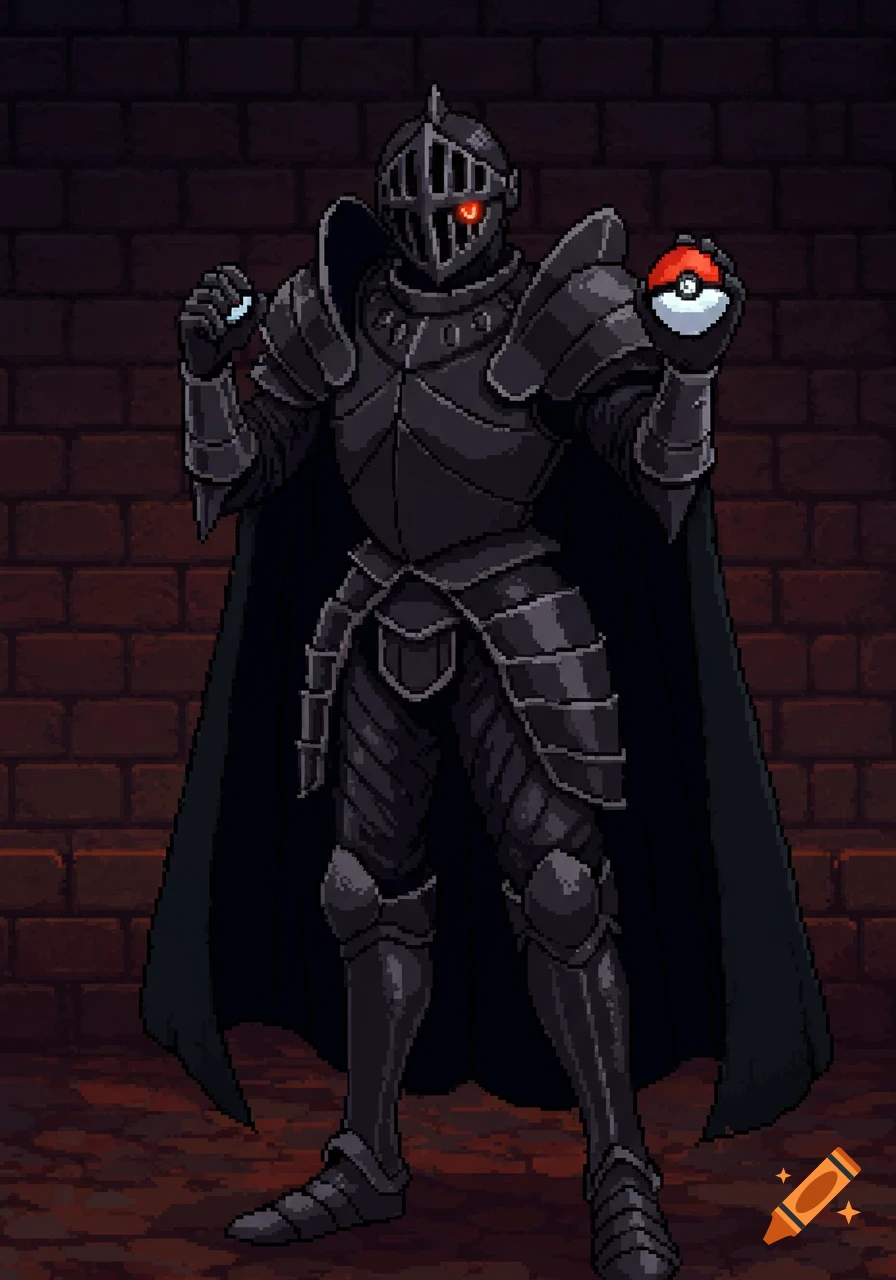 A pixel art sprite of a black knight with a cape holding a Pok esp;Ball against a brick background.