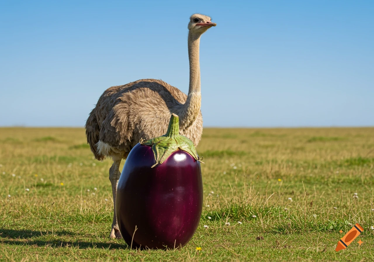 An ostrich stands next to a giant eggplant in a grassy field under a clear blue sky.