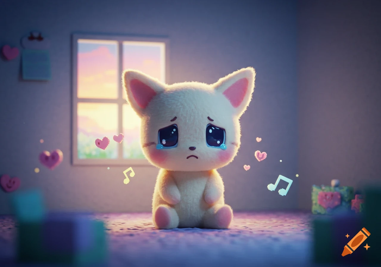A sad, fluffy white cat-like plushie with big tears in a room with a sunset. Hearts and musical notes float around it.