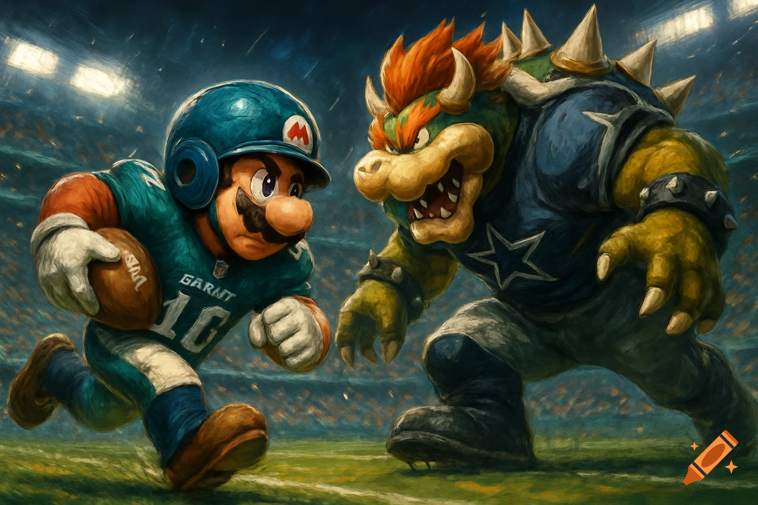Painterly image of Mario in a teal football uniform running with a football past Bowser in a blue Cowboys uniform on a football field.