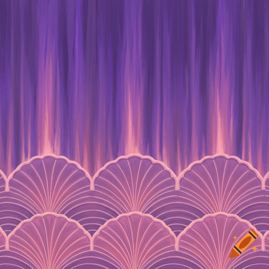 Purple background with vertical brushstrokes above a border of pink and violet scallop patterns.