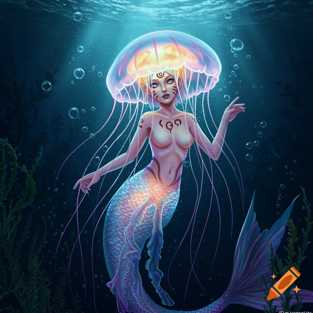 A luminous jellyfish mermaid with blonde hair and facial markings, swimming gracefully underwater with a shimmering tail.