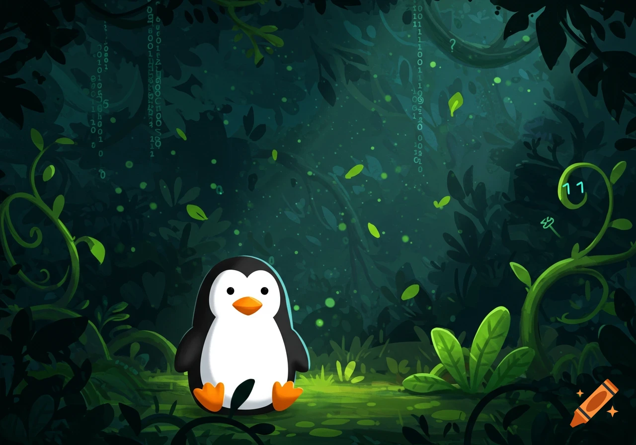 A cartoon penguin sits in a dark, stylized forest with glowing green plants and falling binary code.