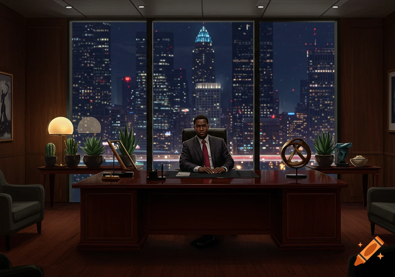 A man in a suit sits at a large desk in a high-rise office with a night city view.
