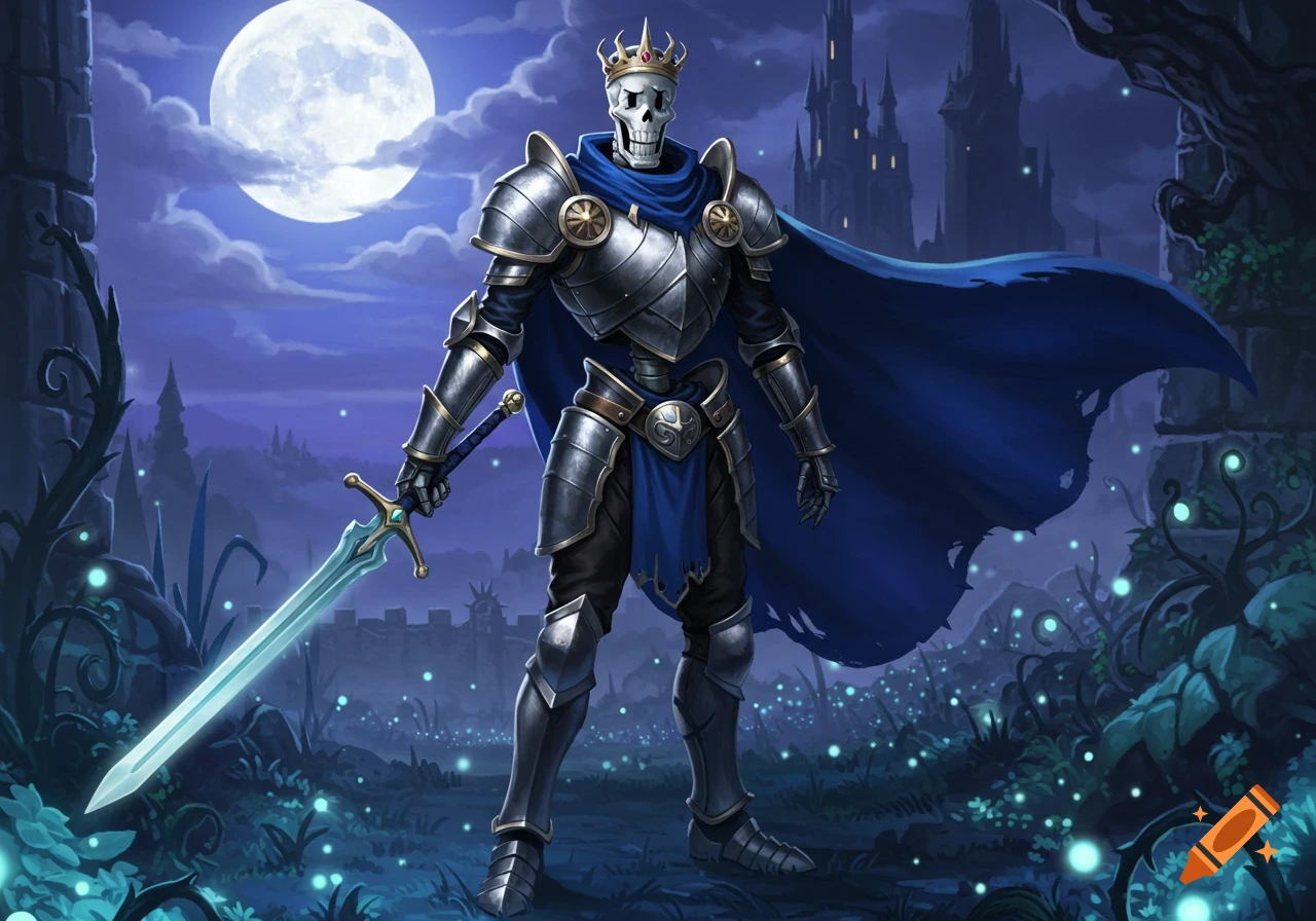 A skeleton royal guard in silver armor and blue cape, holding a glowing sword under a full moon with a dark castle. Fantasy art.