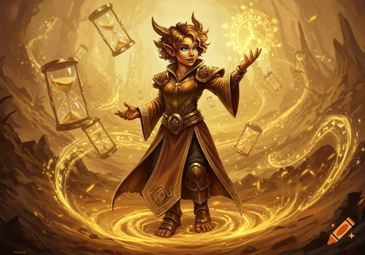 A fantasy gnome-like character with horns and elven ears, dressed in golden armor and robes, stands in a golden, swirling landscape, casting a time spell with floating hourglasses.
