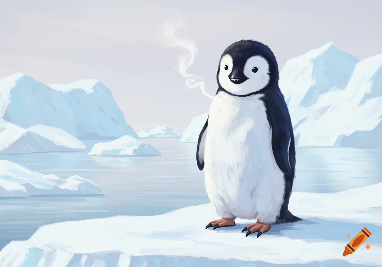 A cute drawing of a baby penguin standing on an ice floe with icebergs and water in the background.