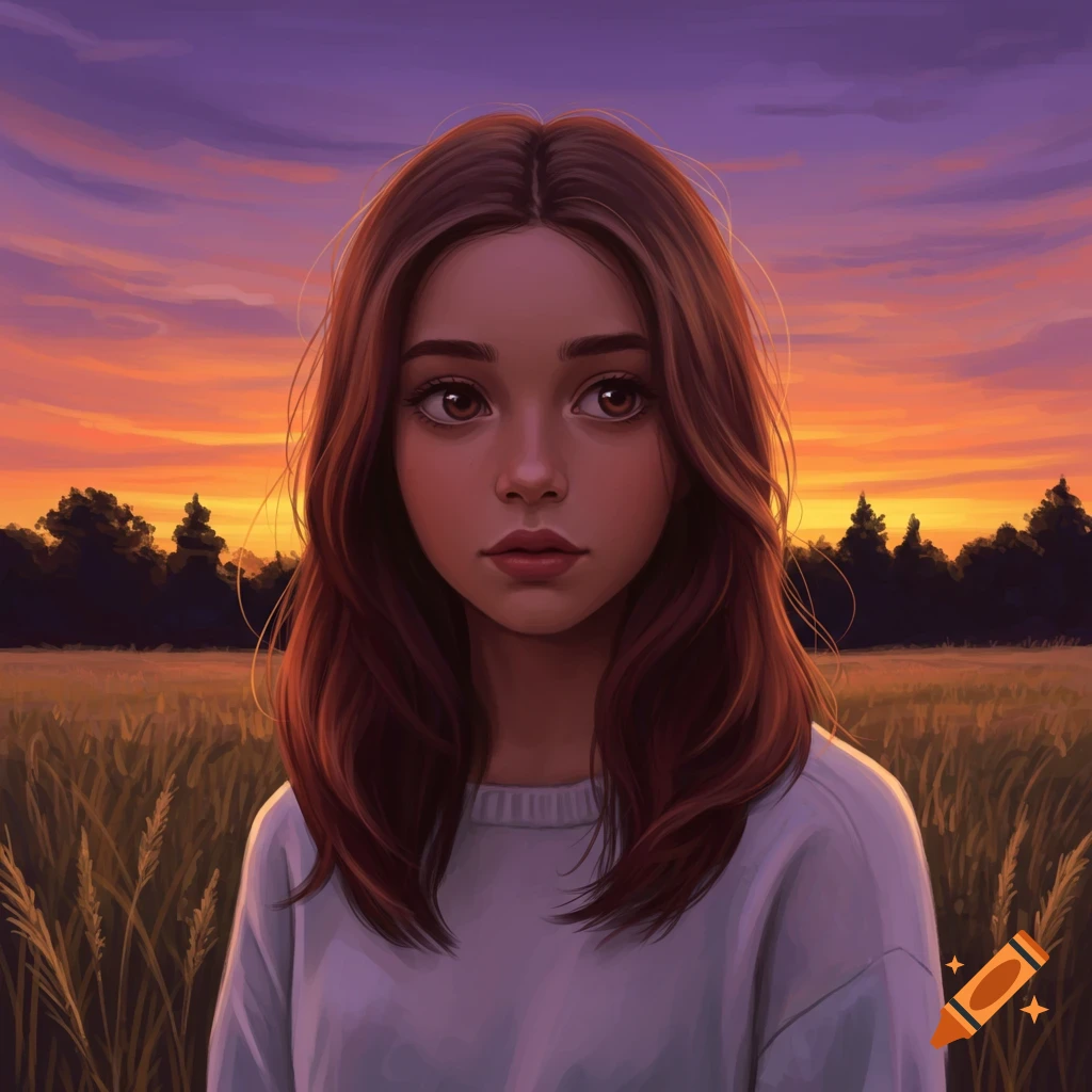 A digital painting of a young woman with brown hair and brown eyes standing in a field at sunset.