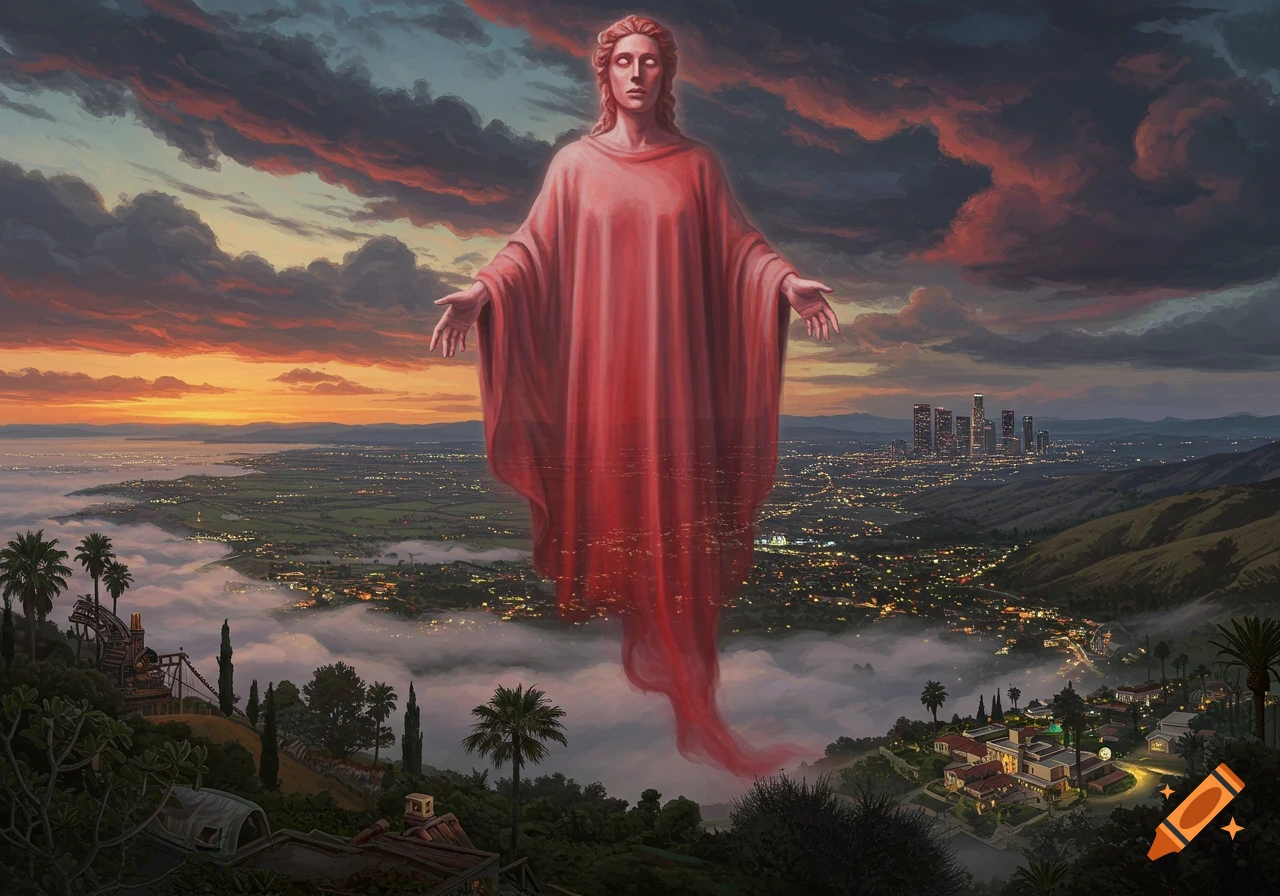 Giant red-robed figure floats above a mist-shrouded city at sunset with glowing lights, painted style.