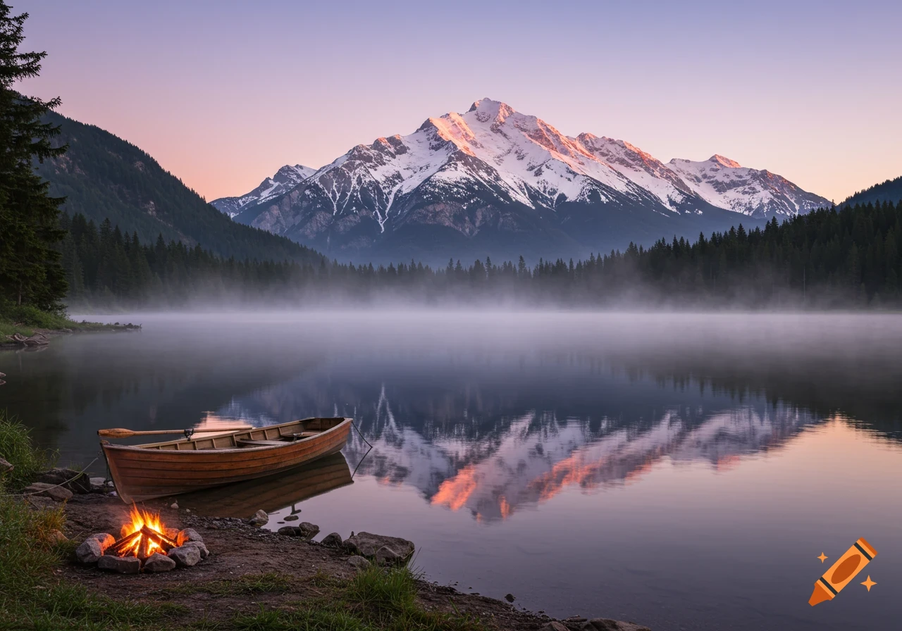 A serene mountain lake at dawn with a wooden boat on the misty shore and a glowing campfire, reflecting snow-capped peaks.