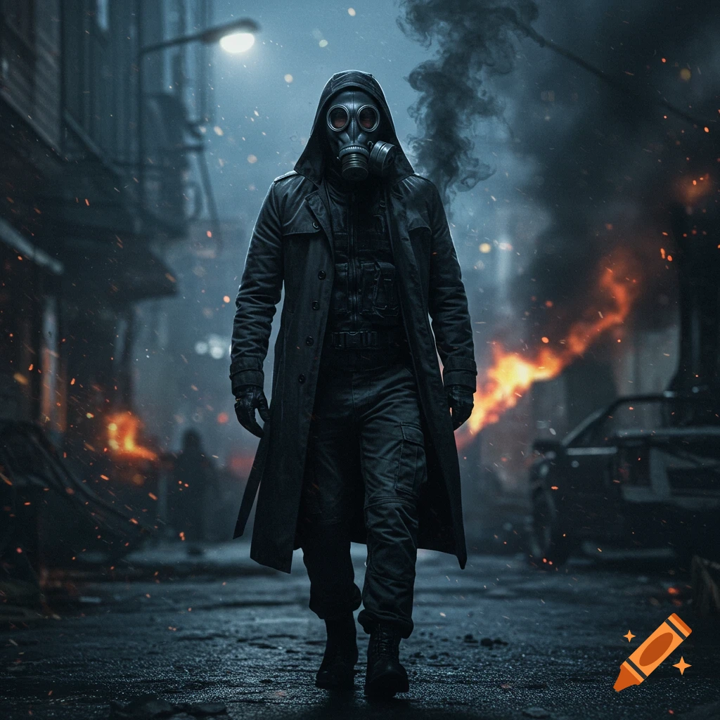 A man in a gas mask and trench coat walks through a fiery, smoke-filled, battle-worn city street at night, in a cinematic style.