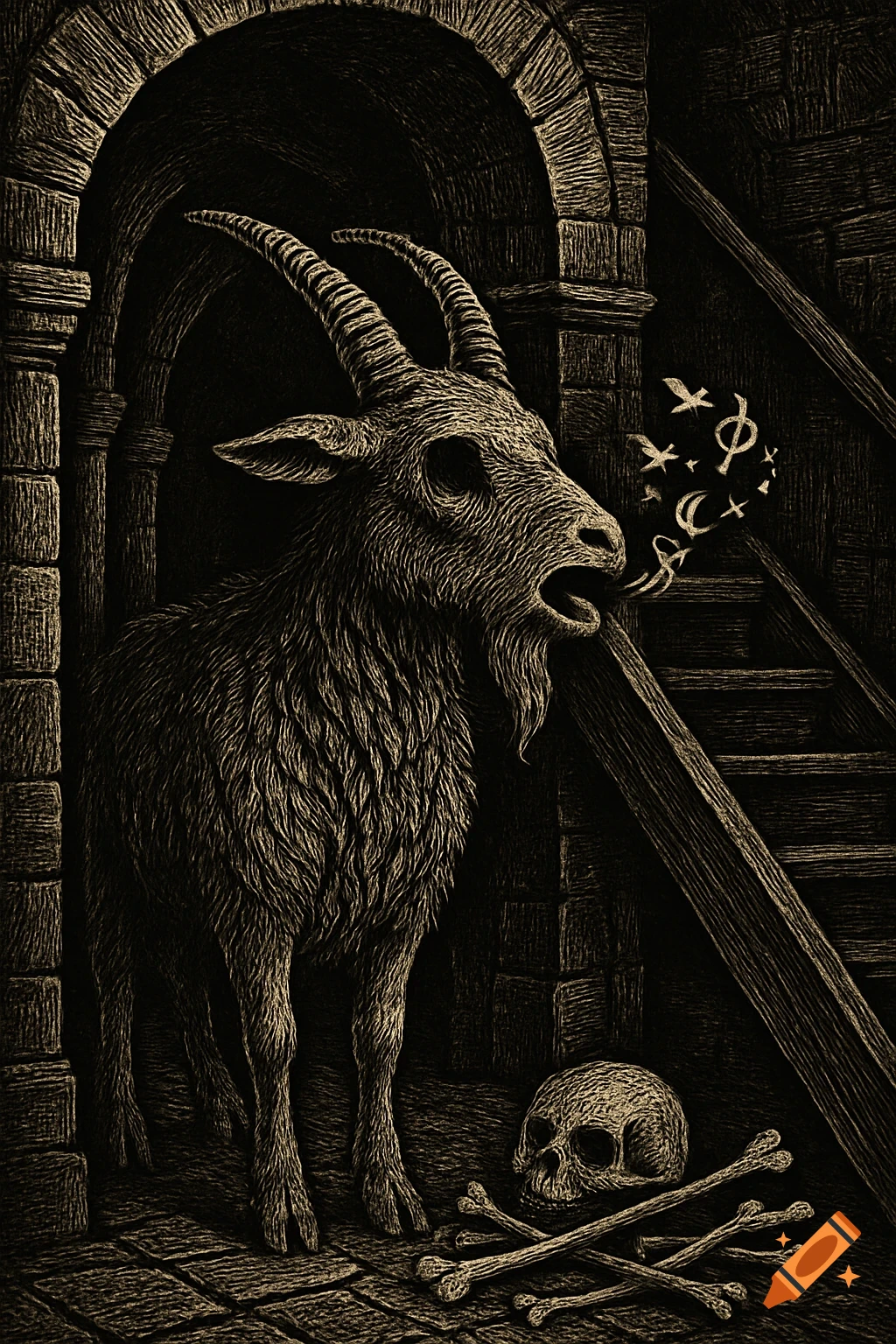 Monochrome woodcut of a horned goat with empty eye sockets in a dark hallway, with a skull and bones at its feet, abstract sigils emerging from its mouth.