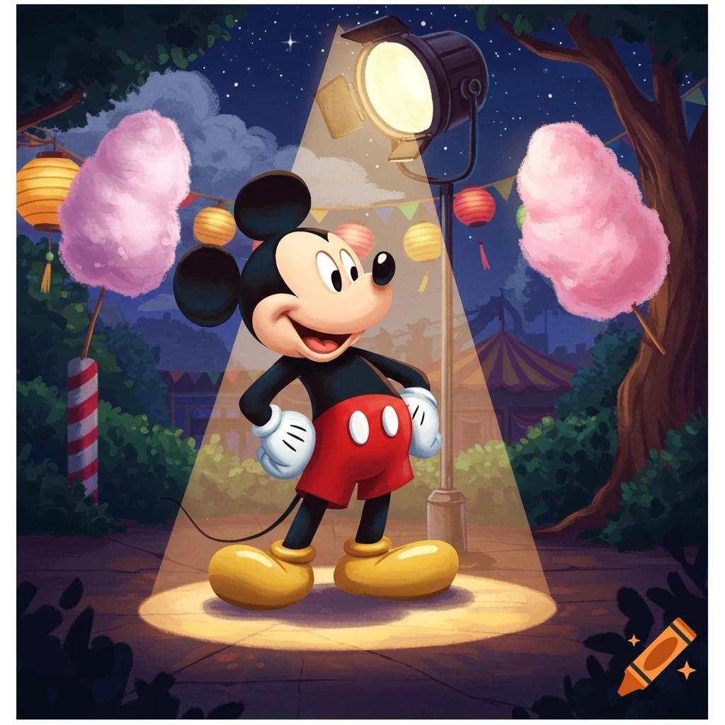 Mickey Mouse stands in a bright spotlight at night in a vibrant cartoon carnival scene with lanterns and pink cotton candy.