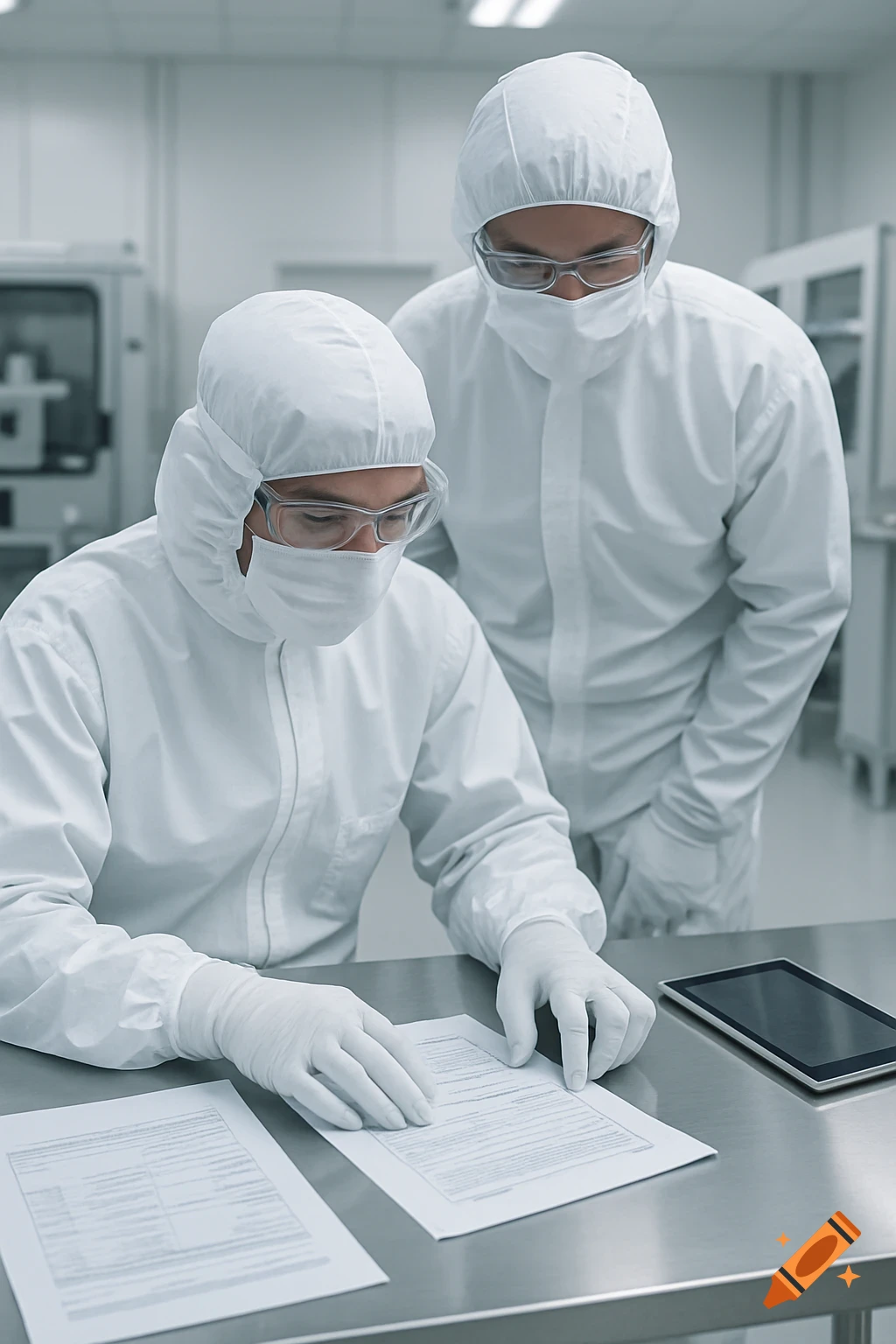 Two people in white cleanroom suits, goggles, and masks, reviewing documents on a metal table in a lab.