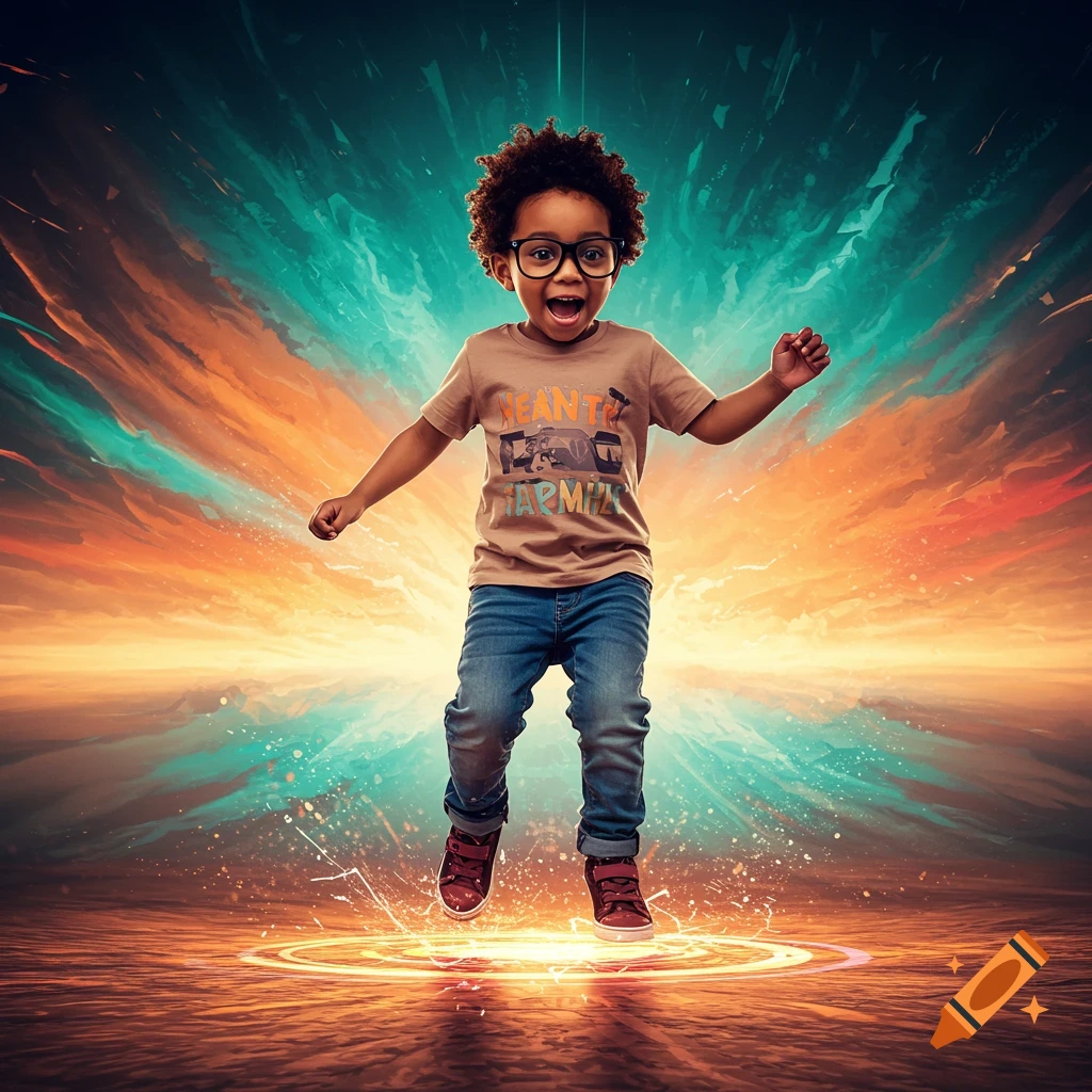 A young boy with glasses jumps above a glowing portal, set against a vibrant, cosmic background.