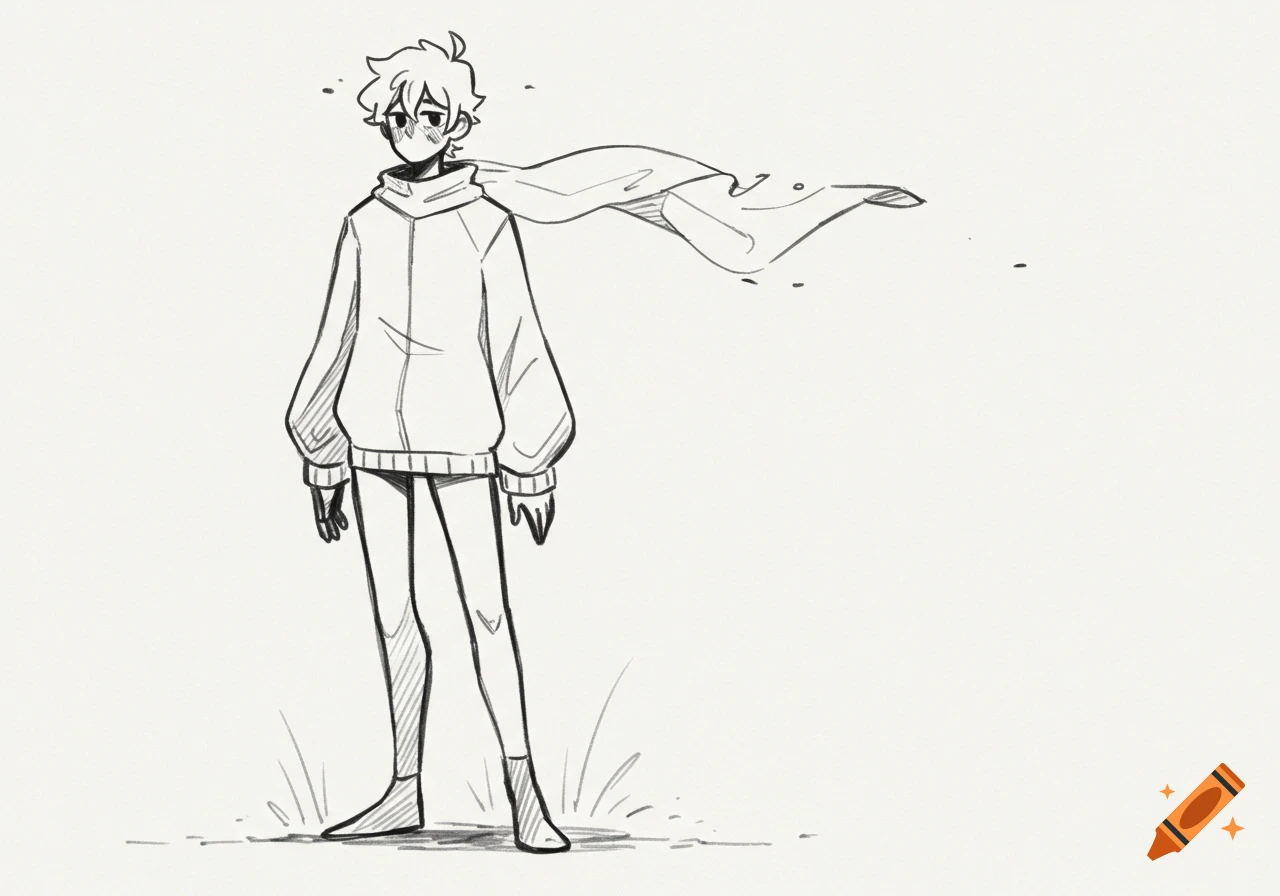 Black and white sketch of a person with messy hair and a flowing scarf, standing in a minimalist setting.