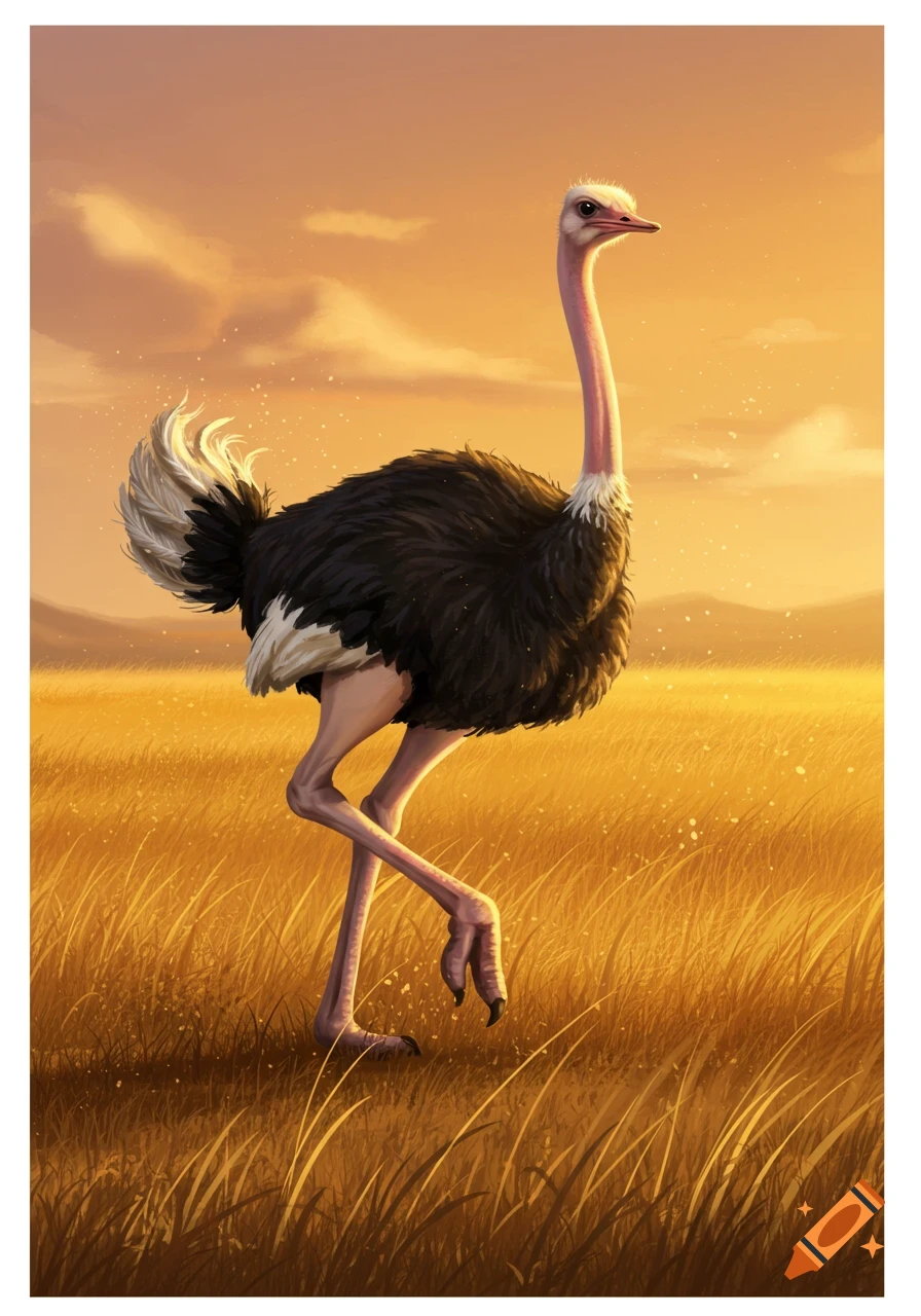 An ostrich with black and white feathers and a long pink neck walks through a golden field at sunset.