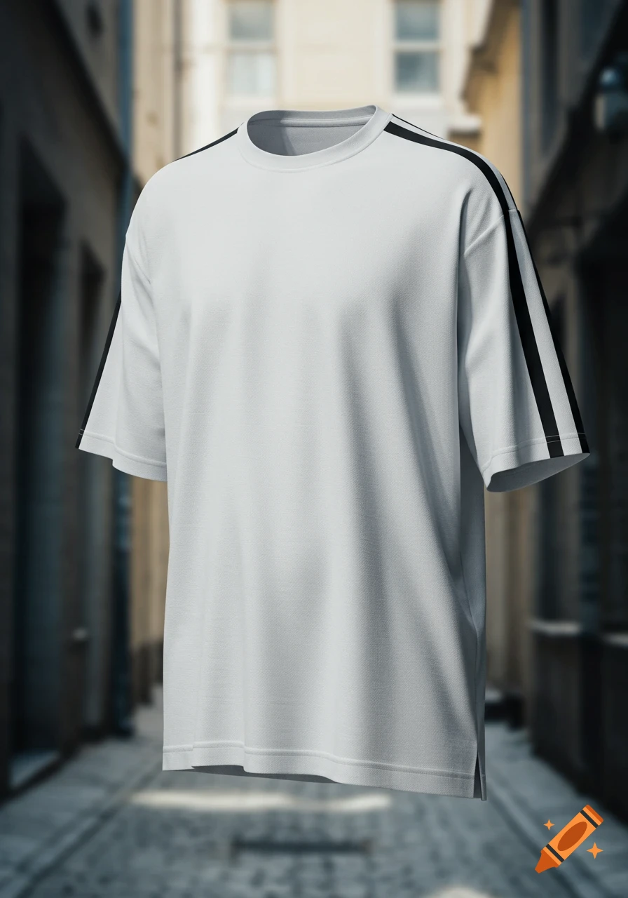 A white t-shirt with black stripes on the shoulders and sleeves, floating in a blurred urban alleyway background, photorealistic style.