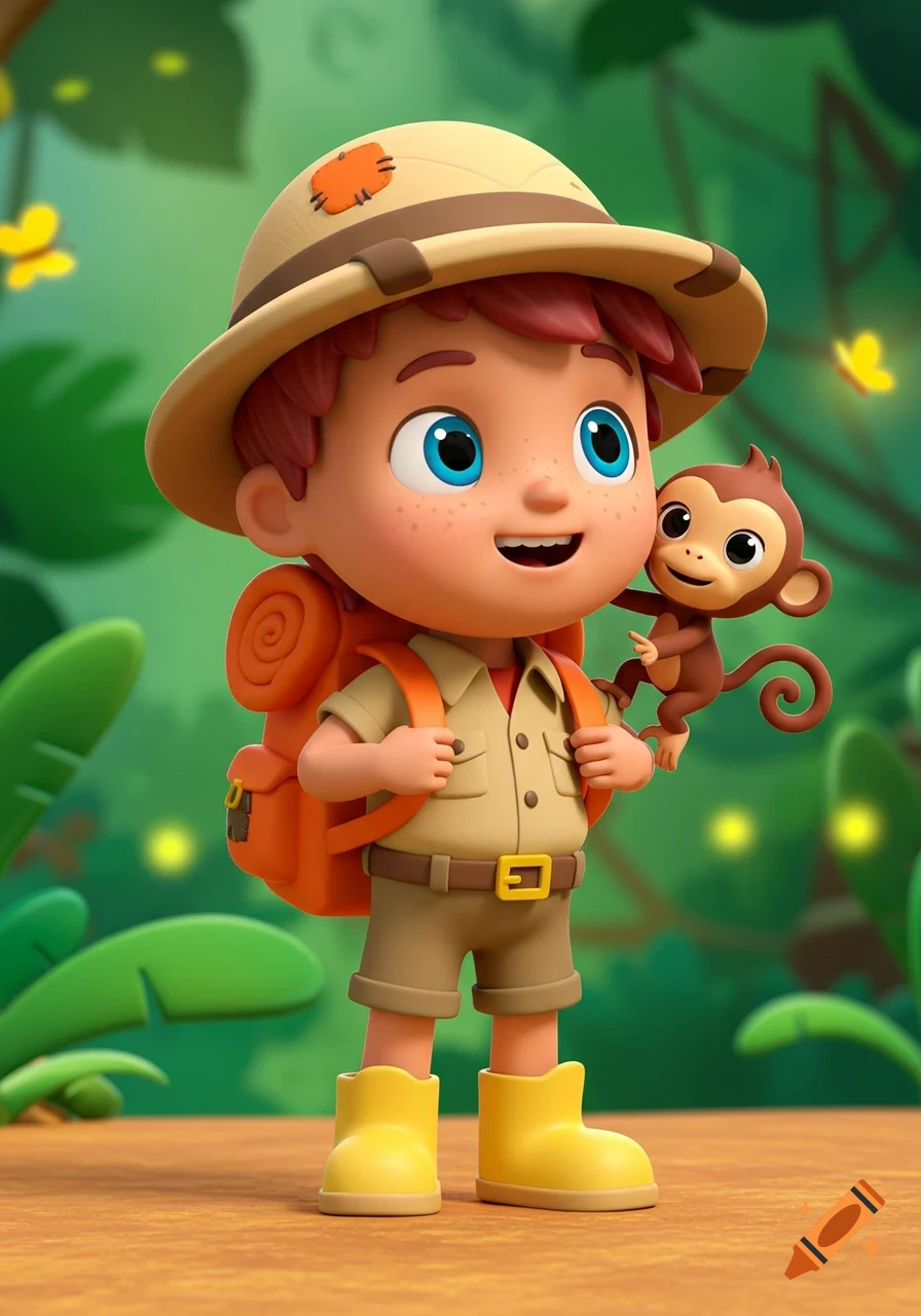 3D animated boy explorer in a safari hat with a monkey on his shoulder in a jungle.