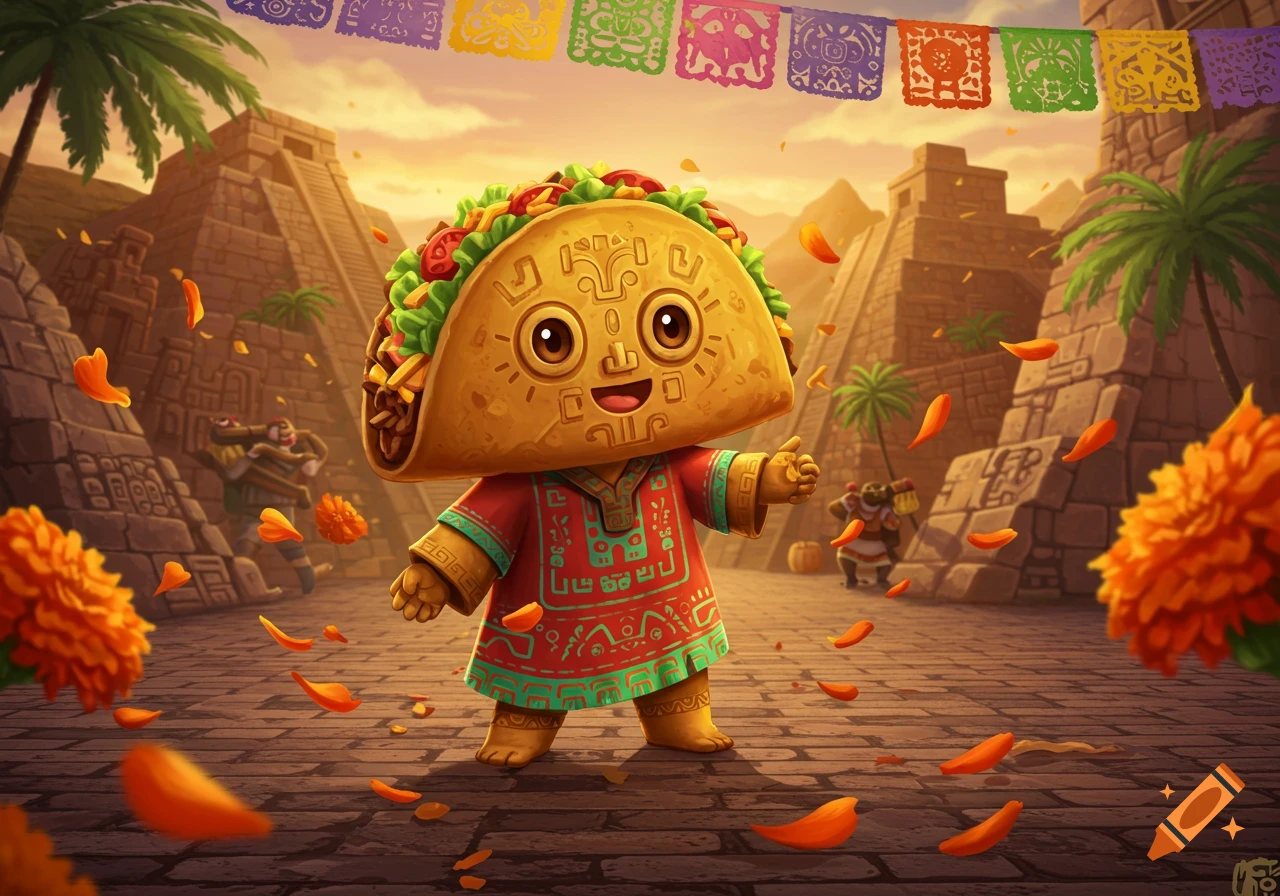 A cheerful anthropomorphic taco character in a red tunic stands before Aztec pyramids under colorful banners.