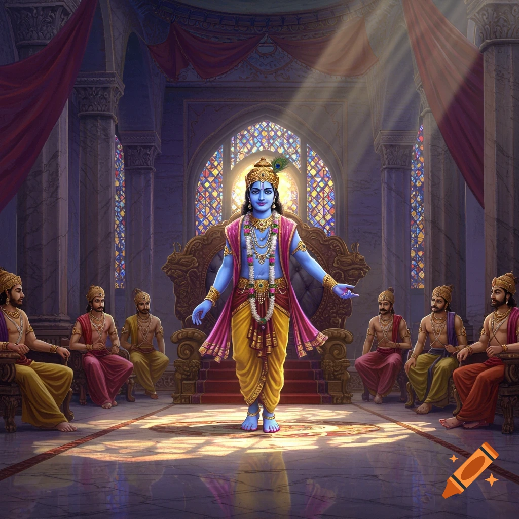 Lord Krishna, blue-skinned and adorned, stands in a vibrant royal hall surrounded by seated men, bathed in light from stained glass windows.