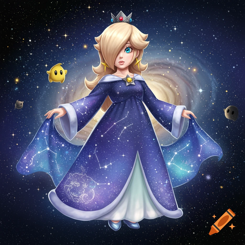 Rosalina from Super Mario, wearing a long blue coat with constellations, stands in space with stars and galaxies behind her.