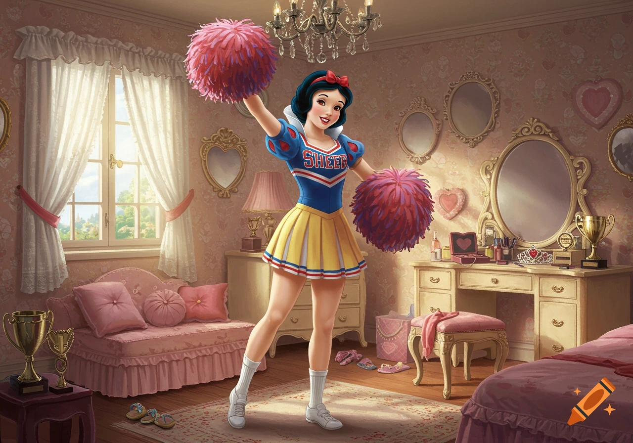 Disney's Snow White as a cheerleader holding pom-poms in a pink, ornate bedroom.