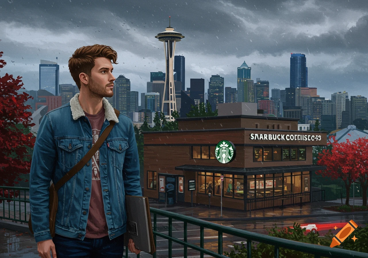An illustration of a man in a denim jacket standing on a bridge overlooking a Starbucks and the Seattle skyline on a rainy day.