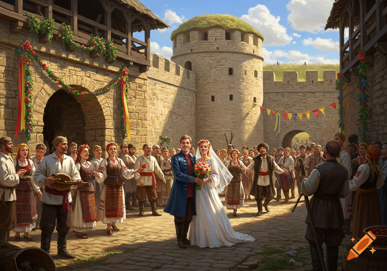 A bride and groom in traditional attire celebrate their wedding with a crowd inside a stone fortress adorned with garlands.