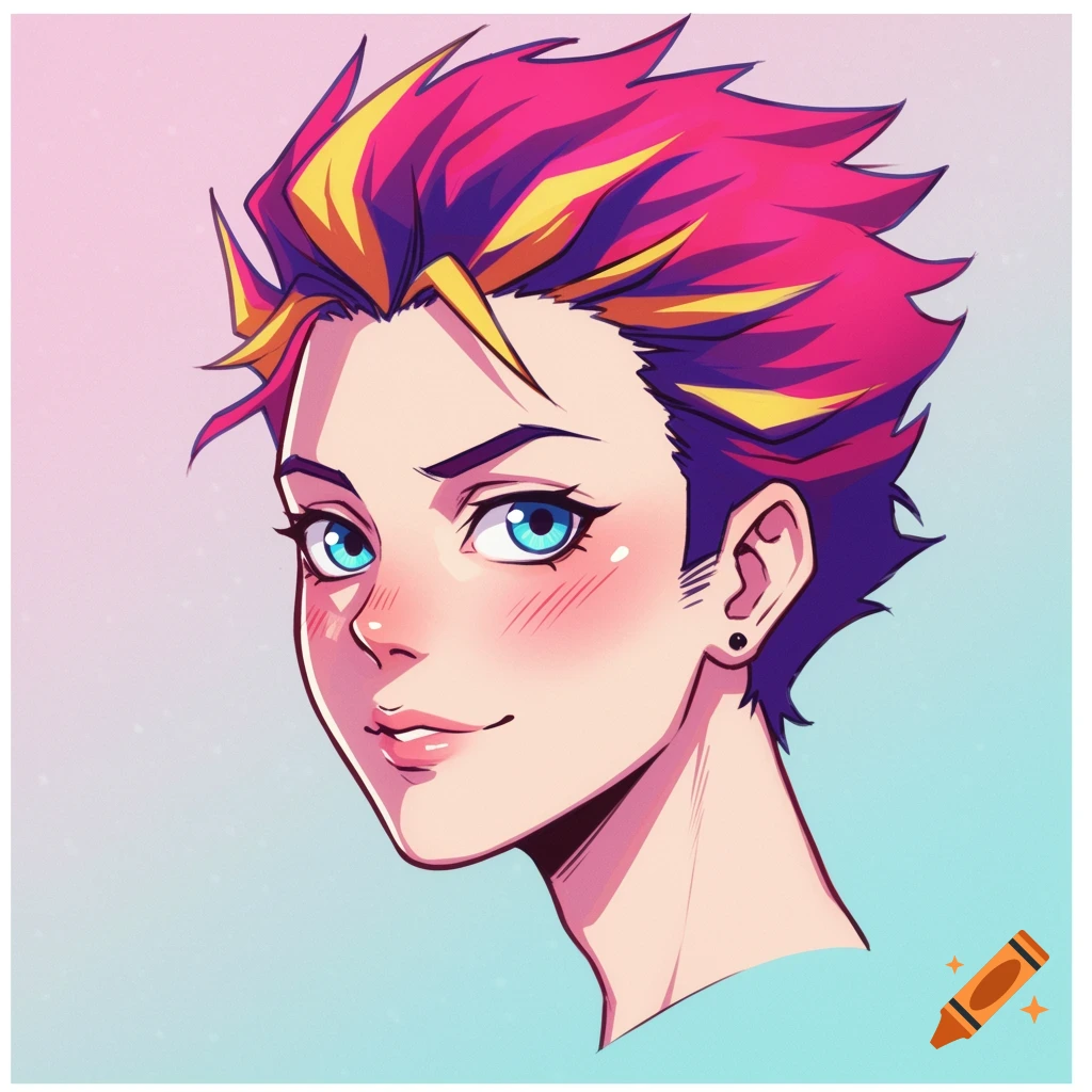 A vibrant anime-style portrait of a person with spiky pink, purple, and yellow hair and blue eyes.
