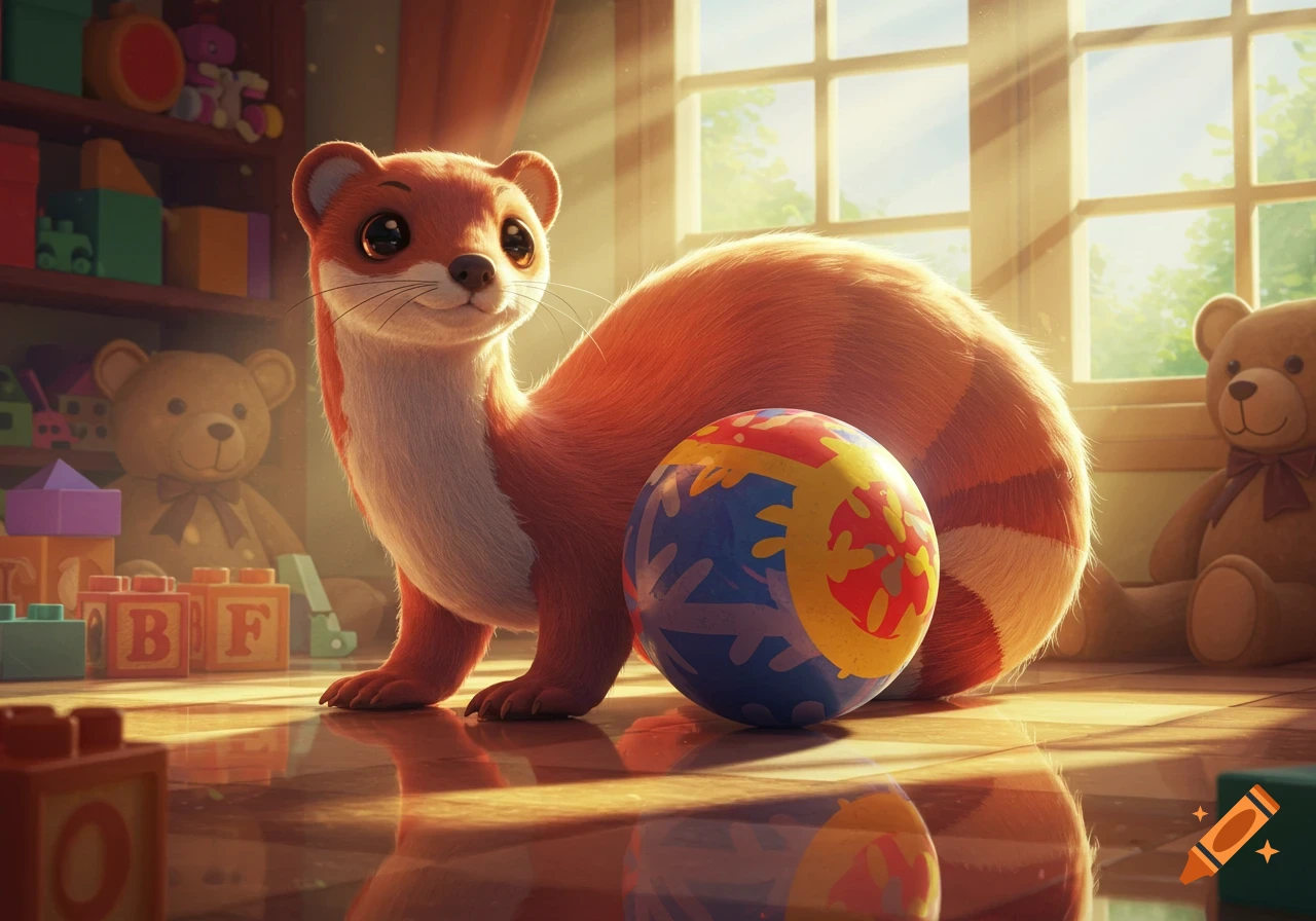 A cute, cartoon weasel with big eyes sits next to a colorful ball on a sunny wooden floor surrounded by toys.