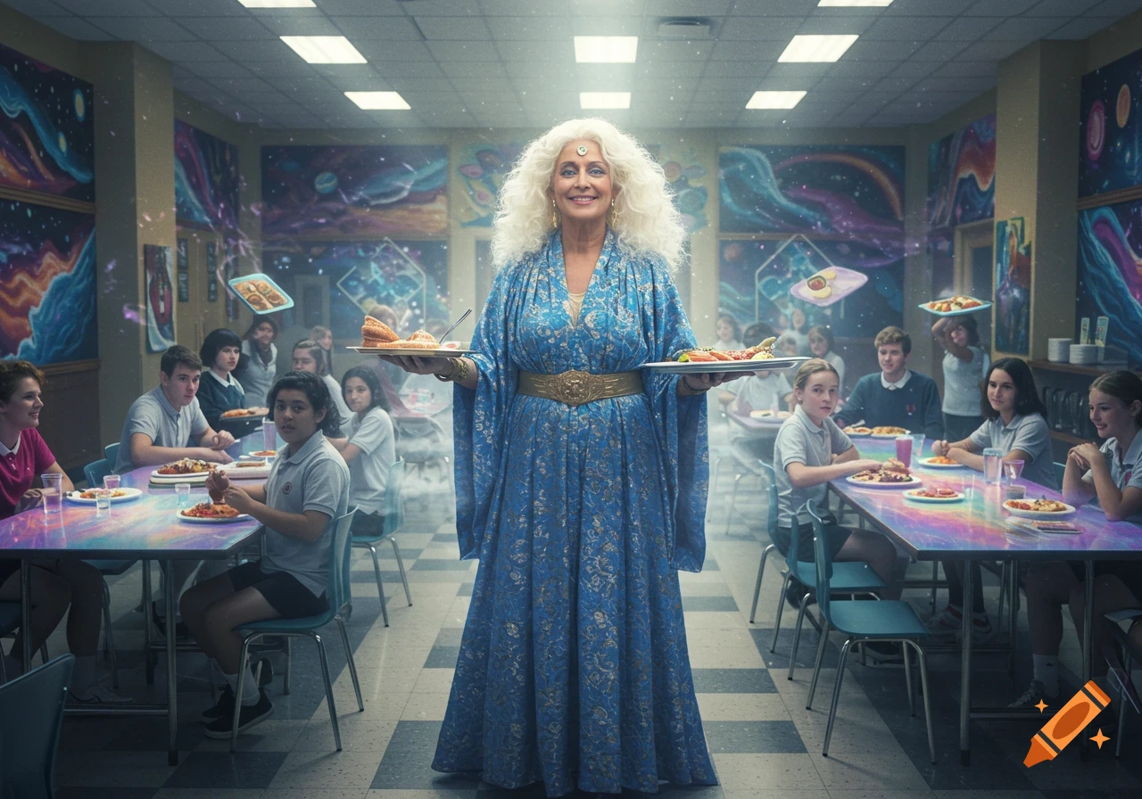 A woman with white hair in a blue dress holds food trays in a school cafeteria with students and floating food, appearing magical.