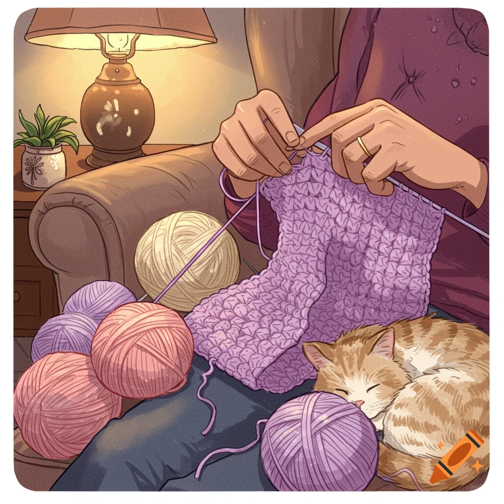 Illustration of hands knitting purple yarn next to a sleeping orange cat, surrounded by yarn balls, in a warm, cozy room.