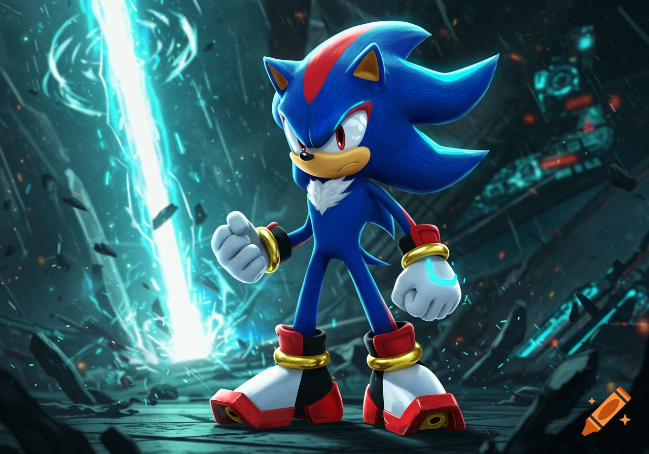 A blue hedgehog-like character with red markings and glowing hands stands amidst debris and a bright blue energy beam, in a dynamic digital art style.