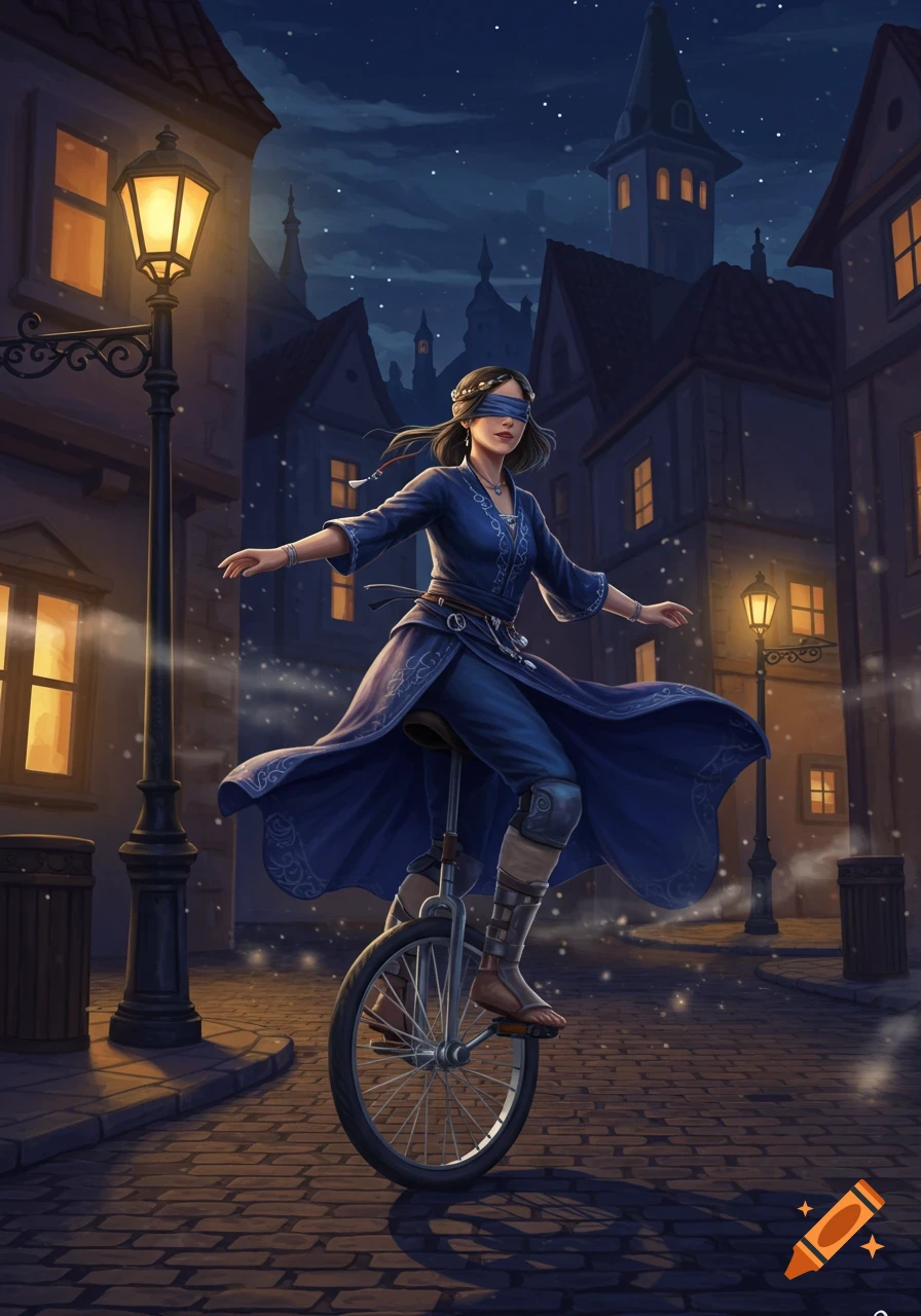 An illustrated blindfolded woman in blue rides a unicycle on a cobblestone street at night, lit by lampposts and buildings.
